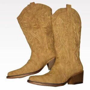 IUV Cowboy Boots For Women Western Cowgirl Boots with Chunky Heel Mid Camel US8
